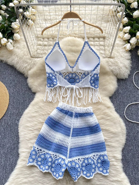 2pcs Set Knitting Halter Tassel Bra+Elastic Waist Wide Leg Shorts