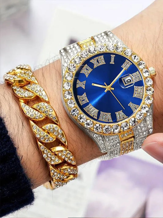2PCs Diamond Watch with Diamond Chain Bracelet