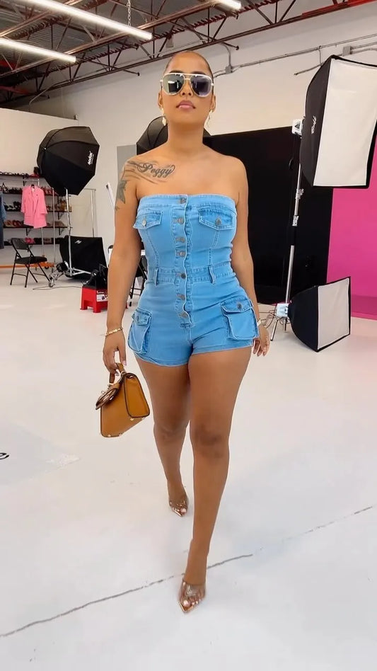Strapless Bodycon Denim  Romper Overalls