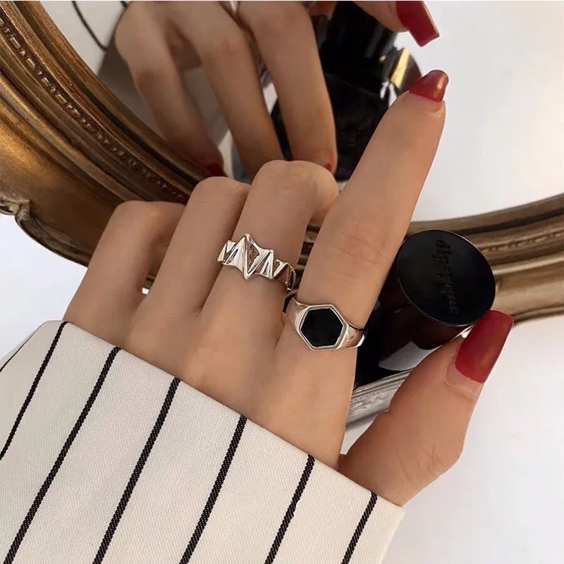 Women Black Hexagon Ring