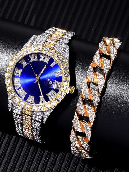 2PCs Diamond Watch with Diamond Chain Bracelet